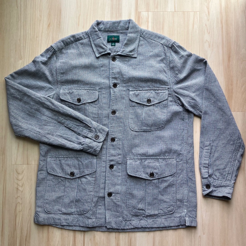 Vintage J.Crew Mens M Houndstooth Linen Cotton Oarsman Chore Jacket Blue Brown